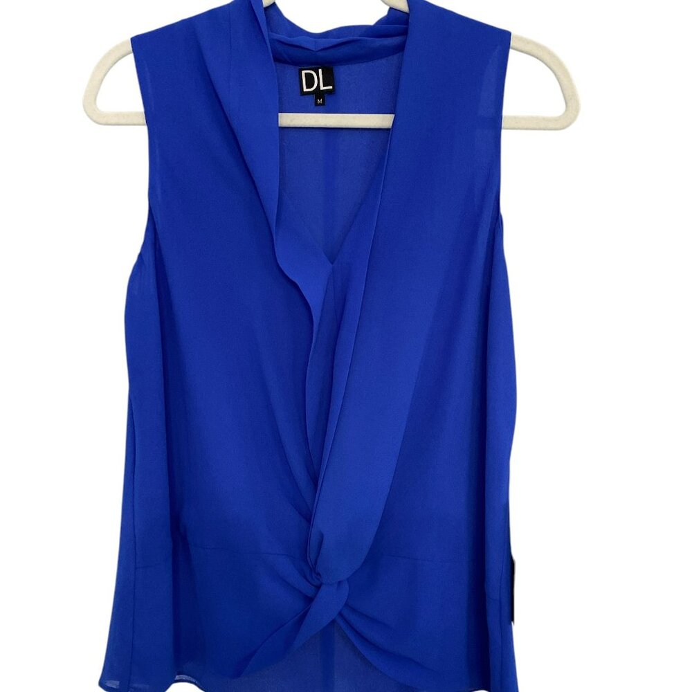 DL Daily Look royal blue sleeveless sheer layered v neck knot tie blouse top M